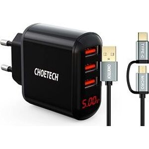 Set ChoeTech 5 V/3.4 A 3× USB-A Digital Display Wall Charger + 2 in 1 USB to Micro USB/(USB-C) 1.2 m