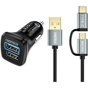 Set ChoeTech 2× QC3.0 USB-A Car Charger Black + 2 in 1 USB to Micro USB + Type-C (USB-C) Cable 1.2 m