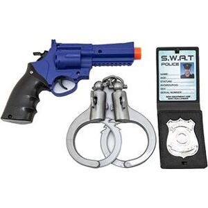 Policajná sada plast pištoľ klapacia 18 × 13 cm + putá + odznak na karte 18 × 38 × 4 cm